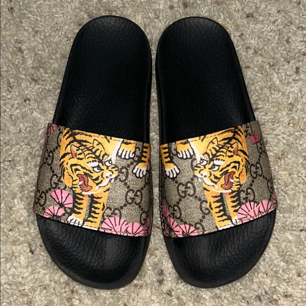 Gucci Black Slides with Tiger and Pink Accents